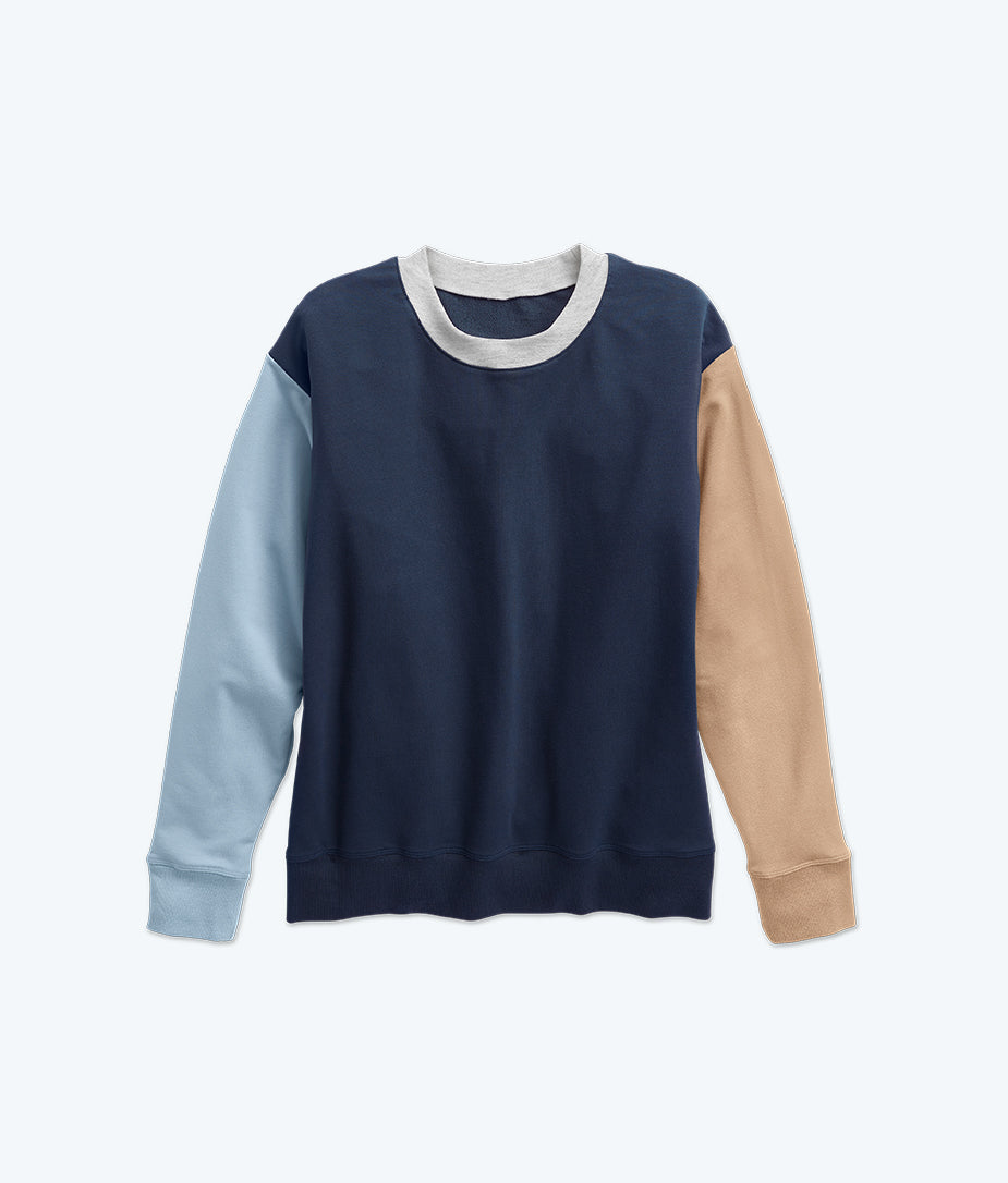 The Softest French Terry Relaxed Colorblock Crew - Midnight & Slate & Toffee