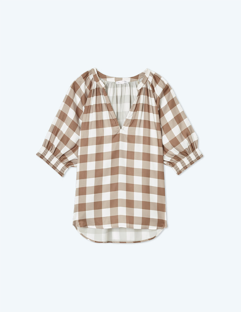 The Silky Raglan-Sleeve Top - Gingham in Cafe au Lait