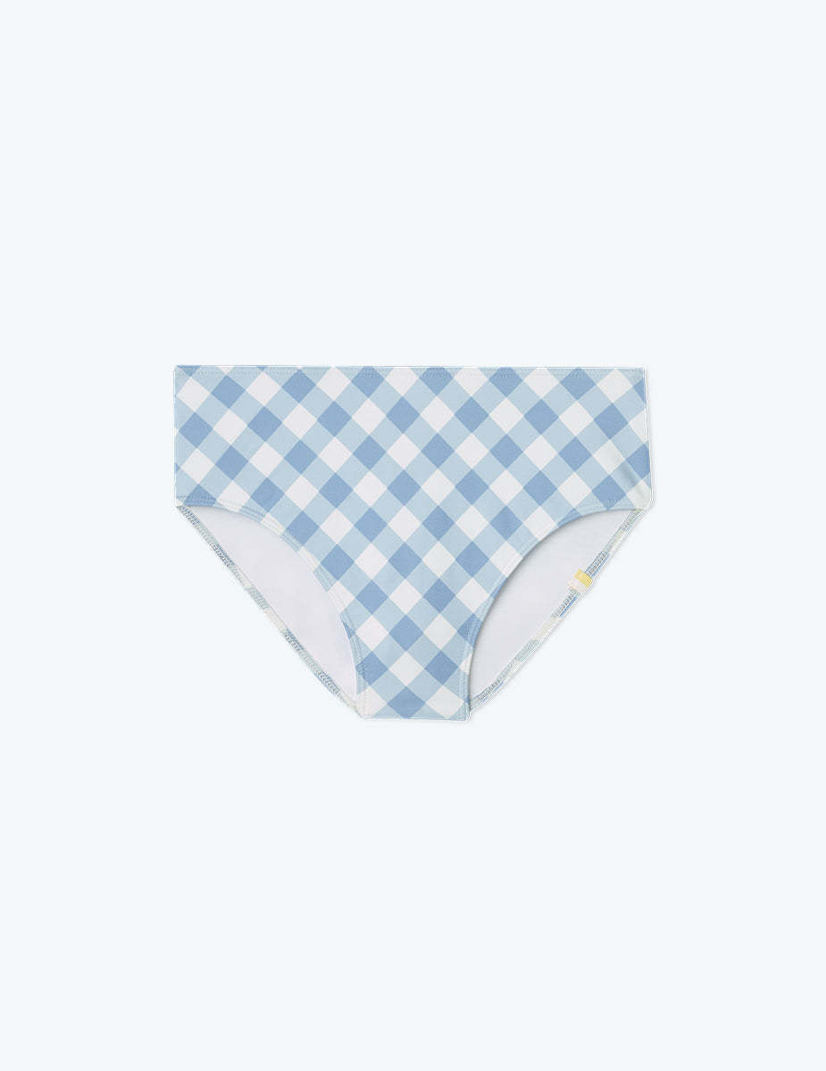 The High Leg Mid Rise Bikini Bottom - Gingham in Cloud