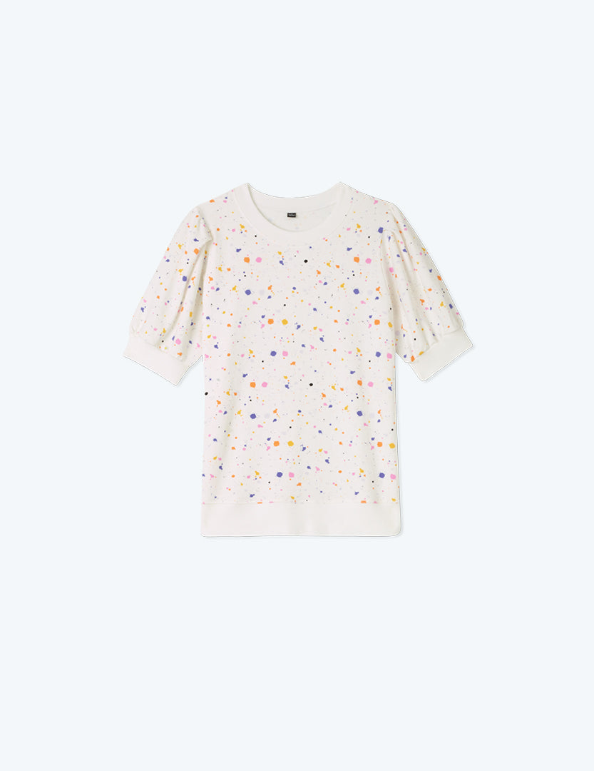 The Softest French Terry Puff Short Sleeve - Paint Splatter in White Sand