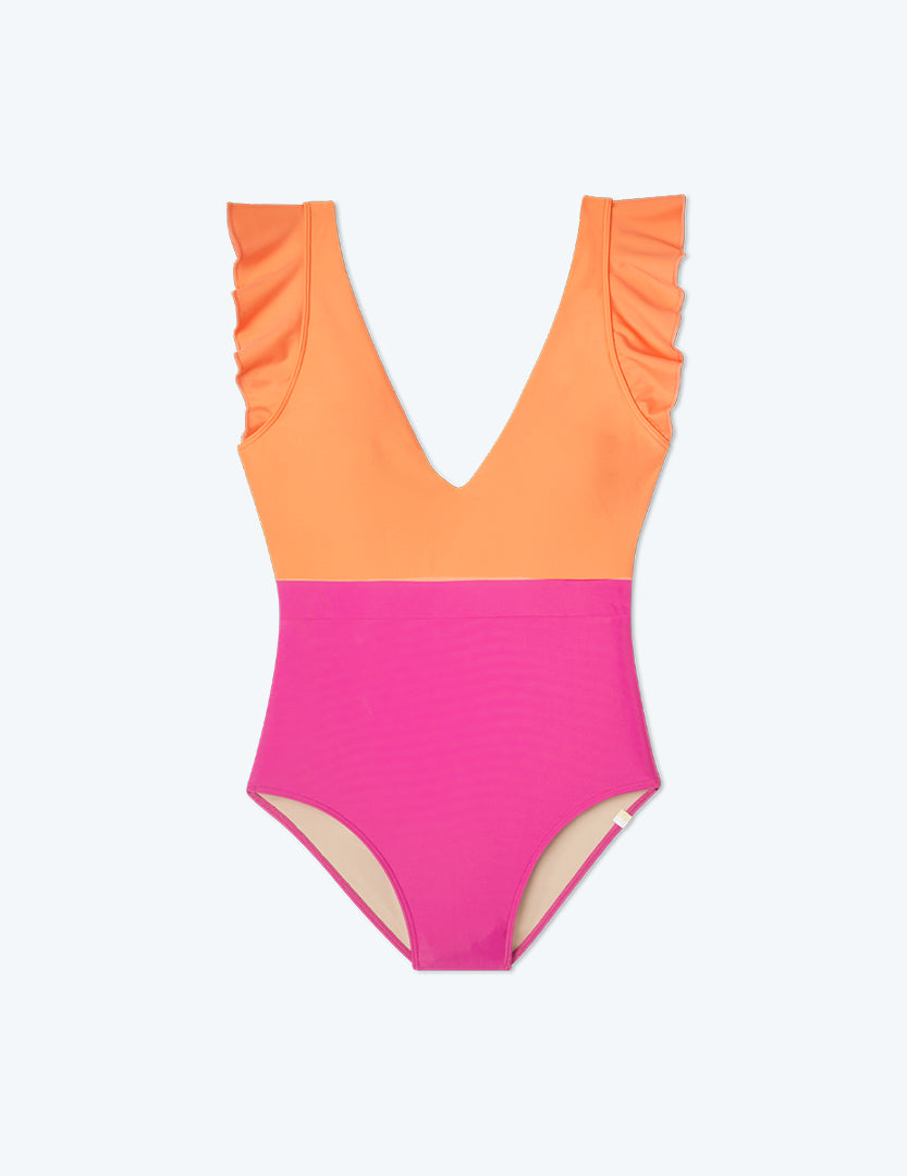 The Long Torso Ruffle Backflip -  Hibiscus & Tangerine