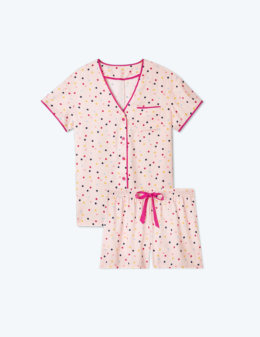 The Cloud 9 Silky PJ Shorts Set - Confetti Dot in Blush & Tangerine