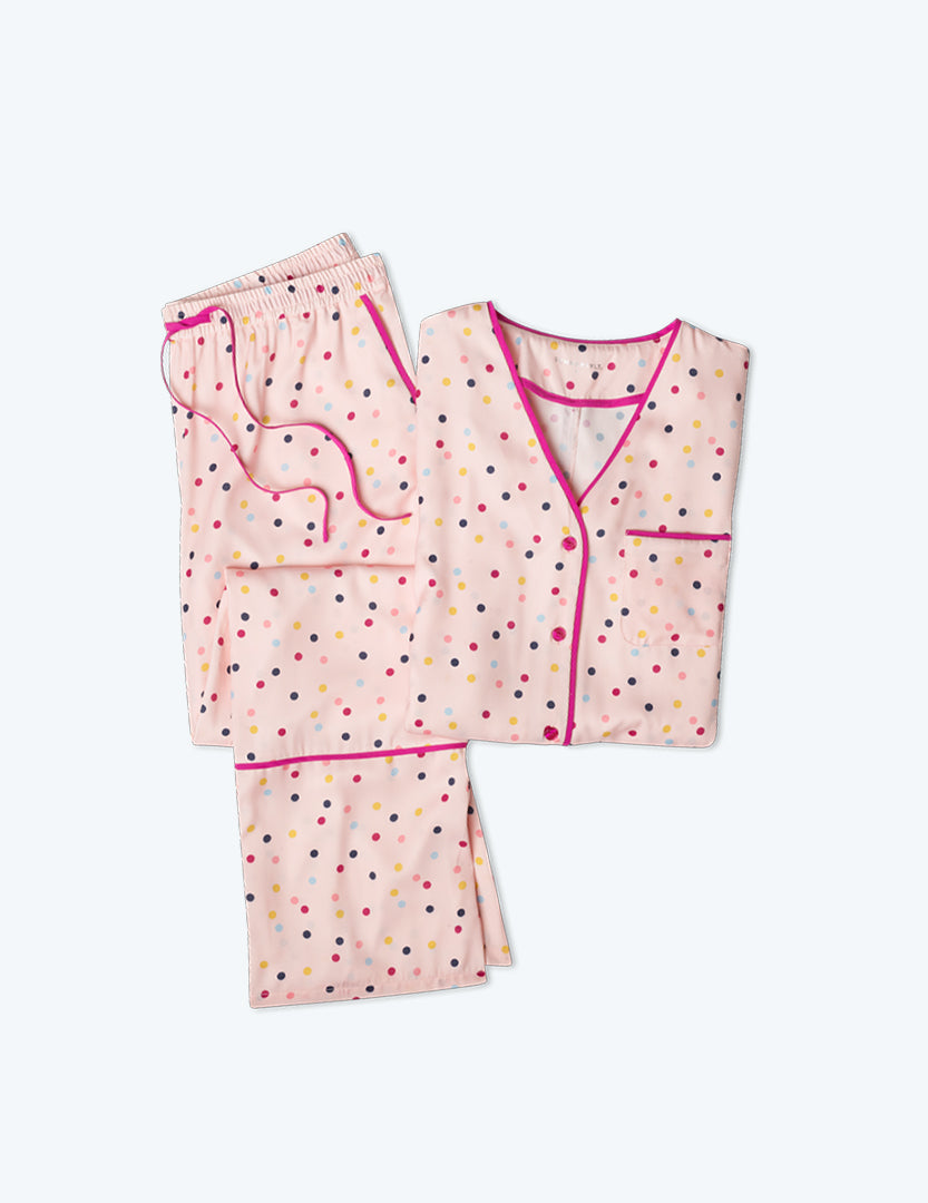 The Cloud 9 Silky PJ Set - Confetti Dot in Blush & Tangerine