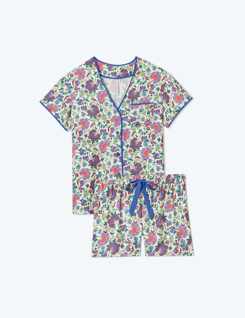 The Cloud 9 Silky PJ Shorts Set - Scroll Block Print in Violet & Lava