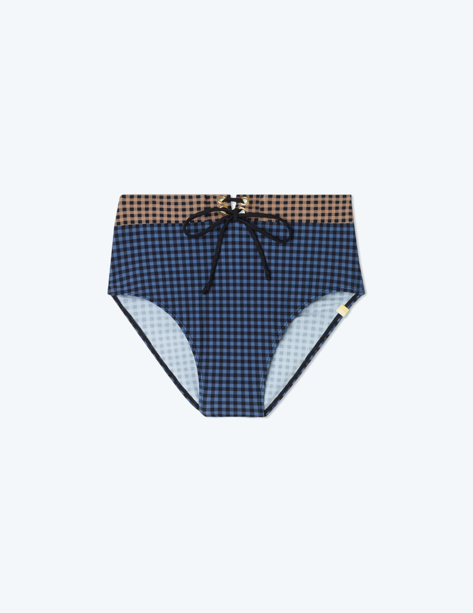 The Lace-Up High Leg High Rise Bikini Bottom - Gingham in Blue Mountain & Toffee