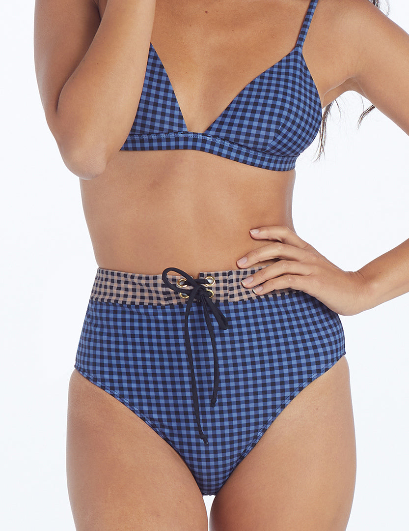 The Lace-Up High Leg High Rise Bikini Bottom - Gingham in Blue Mountain & Toffee