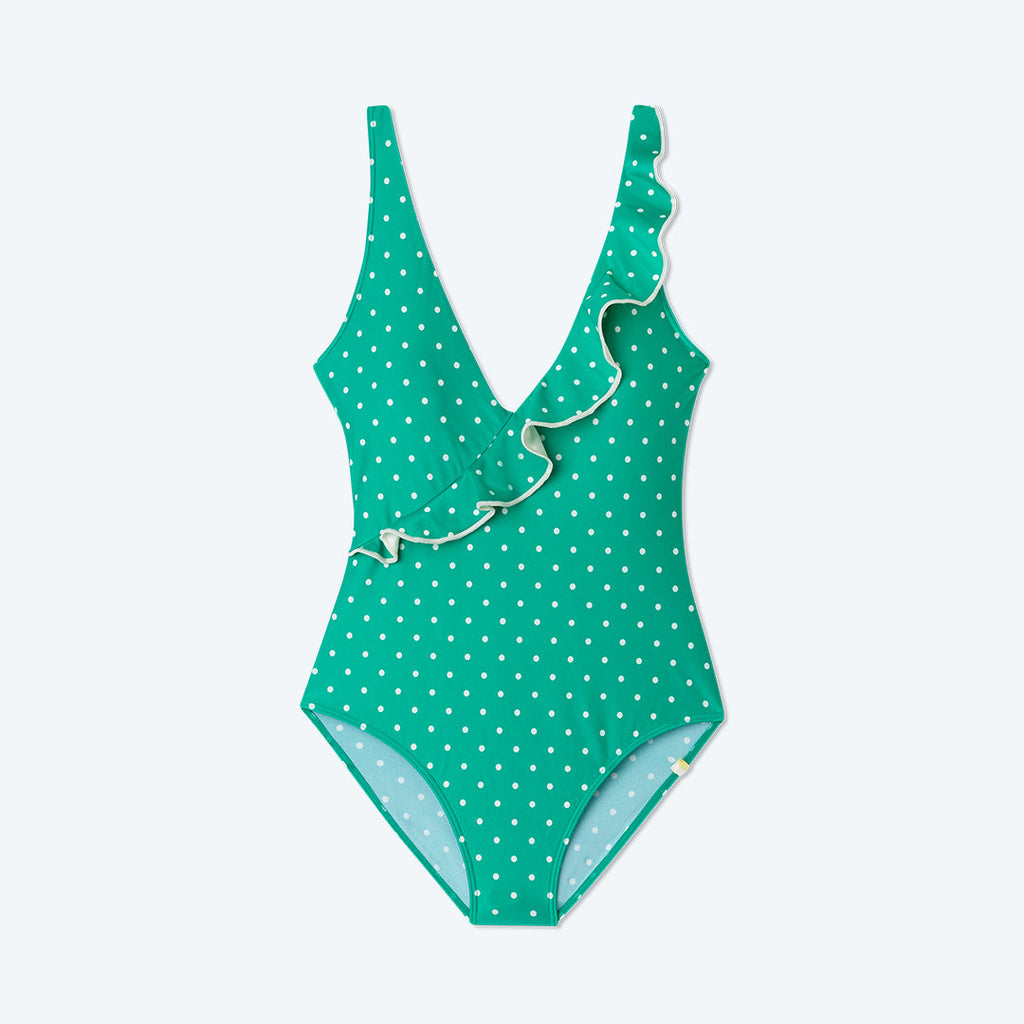 The Ruffle Wrap One-Piece - Seaglass Dot