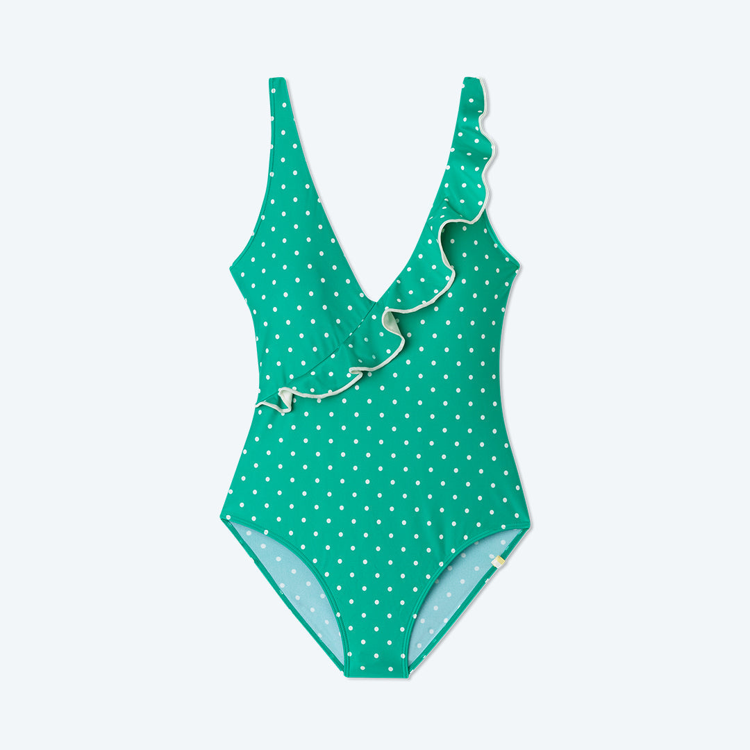 The Ruffle Wrap One-Piece - Seaglass Dot