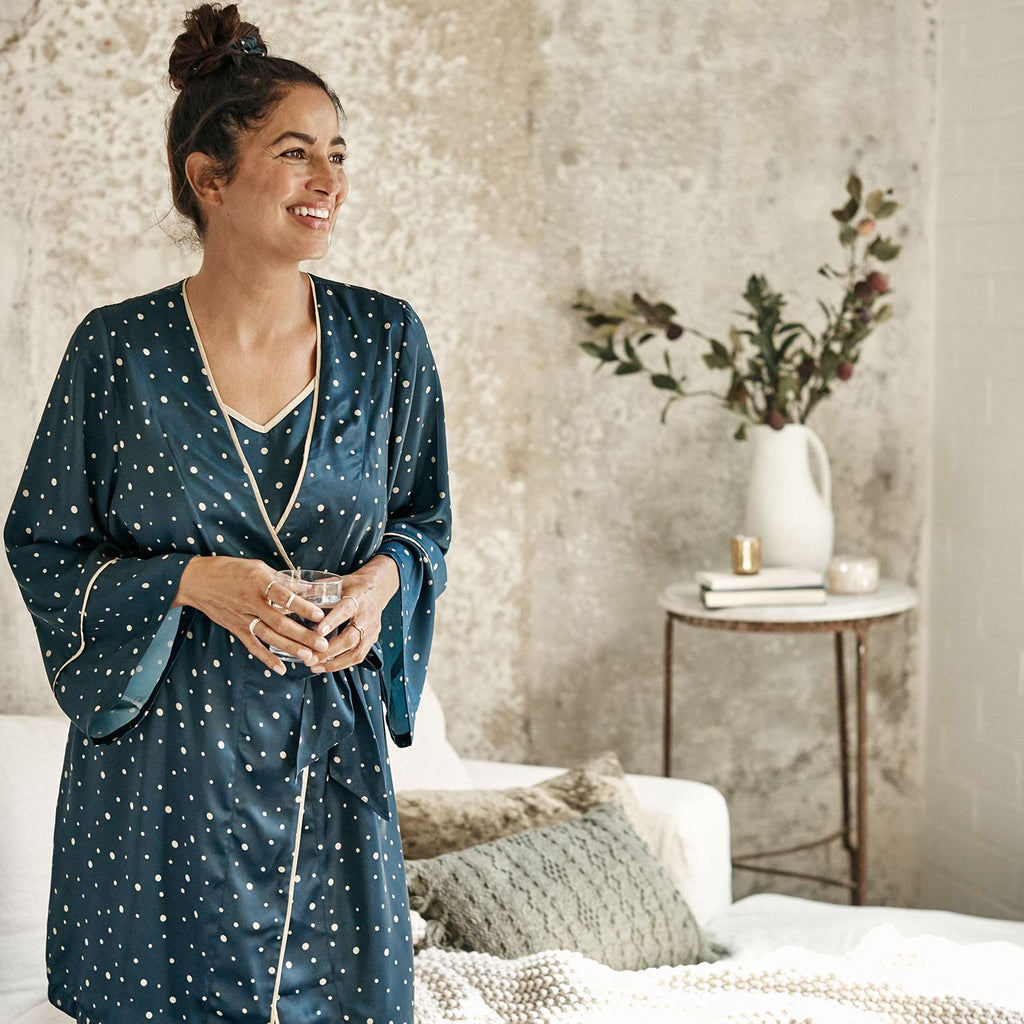 The Cloud 9 Silky Robe - Celestial Dot in Deep Sea & Gold